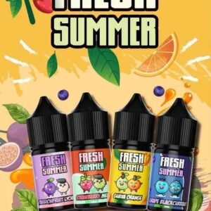 FAESH SUMMER 夏天無涼水果 煙油 (0-50mg) 夏日風味水果口味瓶裝產品，展示葡萄、荔枝、芭樂等熱帶水果元素，呈現繽紛清爽氛圍