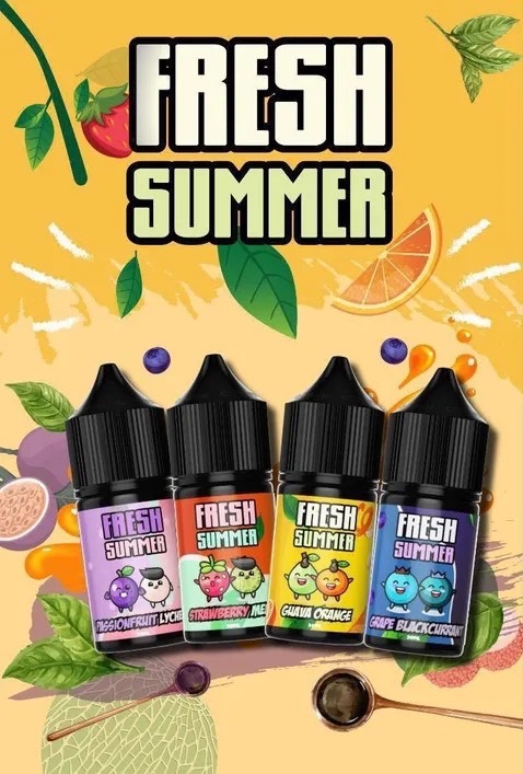 FAESH SUMMER 夏天無涼水果 煙油 (0-50mg) 夏日風味水果口味瓶裝產品,展示葡萄、荔枝、芭樂等熱帶水果元素,呈現繽紛清爽氛圍