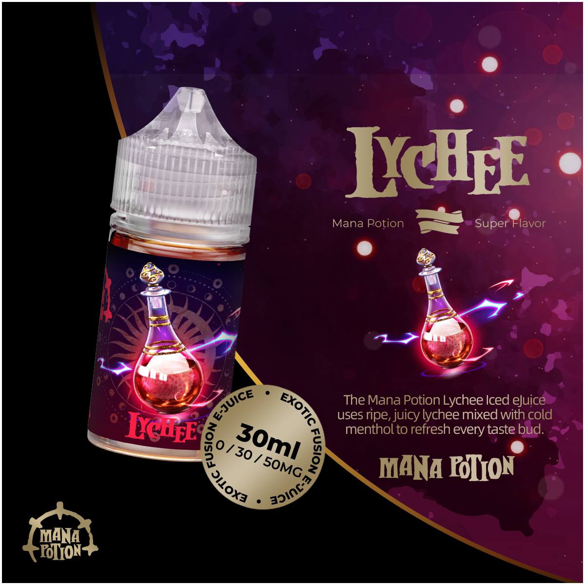 魔法藥劑系列 煙油 (30-50mg) 魔法風格水果香味瓶裝產品,搭配桃子、葡萄、青蘋果等元素呈現童話般繽紛氛圍