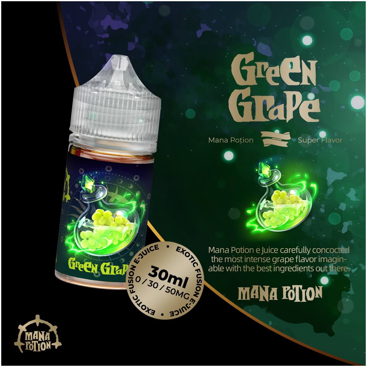 魔法藥劑系列 煙油 (30-50mg) 魔法風格水果香味瓶裝產品,搭配桃子、葡萄、青蘋果等元素呈現童話般繽紛氛圍